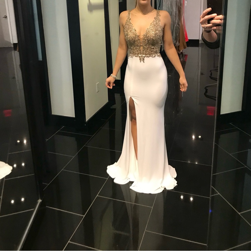 White Embellished Backless Prom Gown